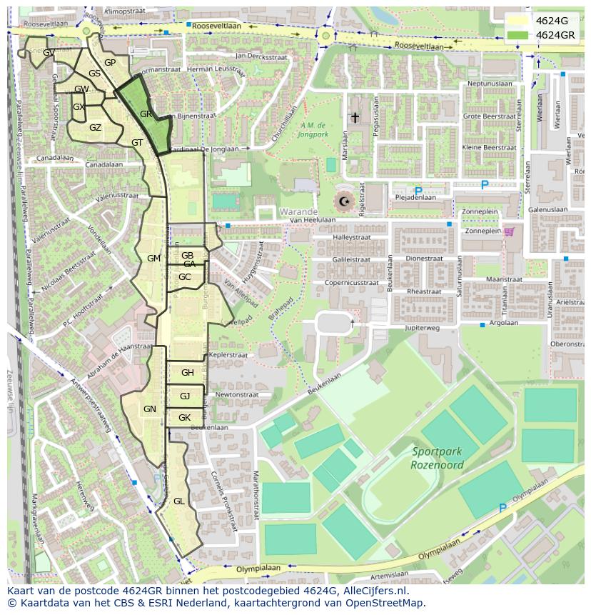 Afbeelding van het postcodegebied 4624 GR op de kaart.