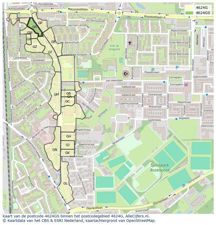 Afbeelding van het postcodegebied 4624 GS op de kaart.