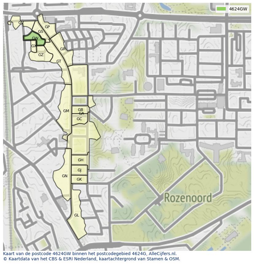 Afbeelding van het postcodegebied 4624 GW op de kaart.