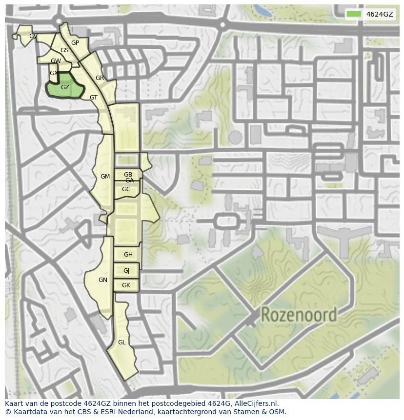 Afbeelding van het postcodegebied 4624 GZ op de kaart.