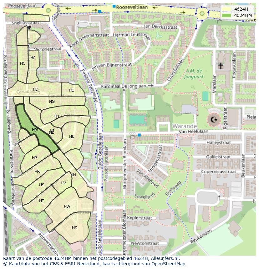 Afbeelding van het postcodegebied 4624 HM op de kaart.