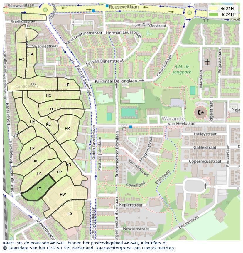 Afbeelding van het postcodegebied 4624 HT op de kaart.