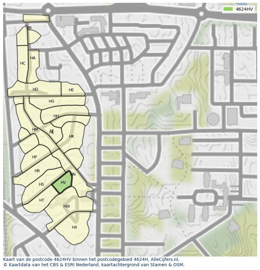 Afbeelding van het postcodegebied 4624 HV op de kaart.