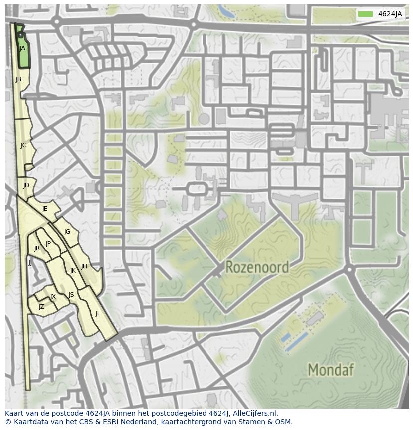 Afbeelding van het postcodegebied 4624 JA op de kaart.