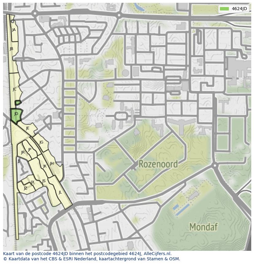 Afbeelding van het postcodegebied 4624 JD op de kaart.