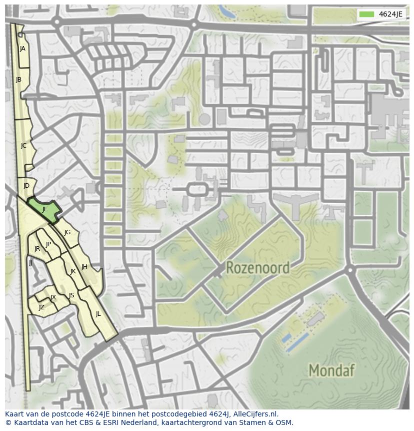 Afbeelding van het postcodegebied 4624 JE op de kaart.