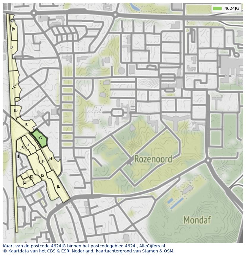 Afbeelding van het postcodegebied 4624 JG op de kaart.