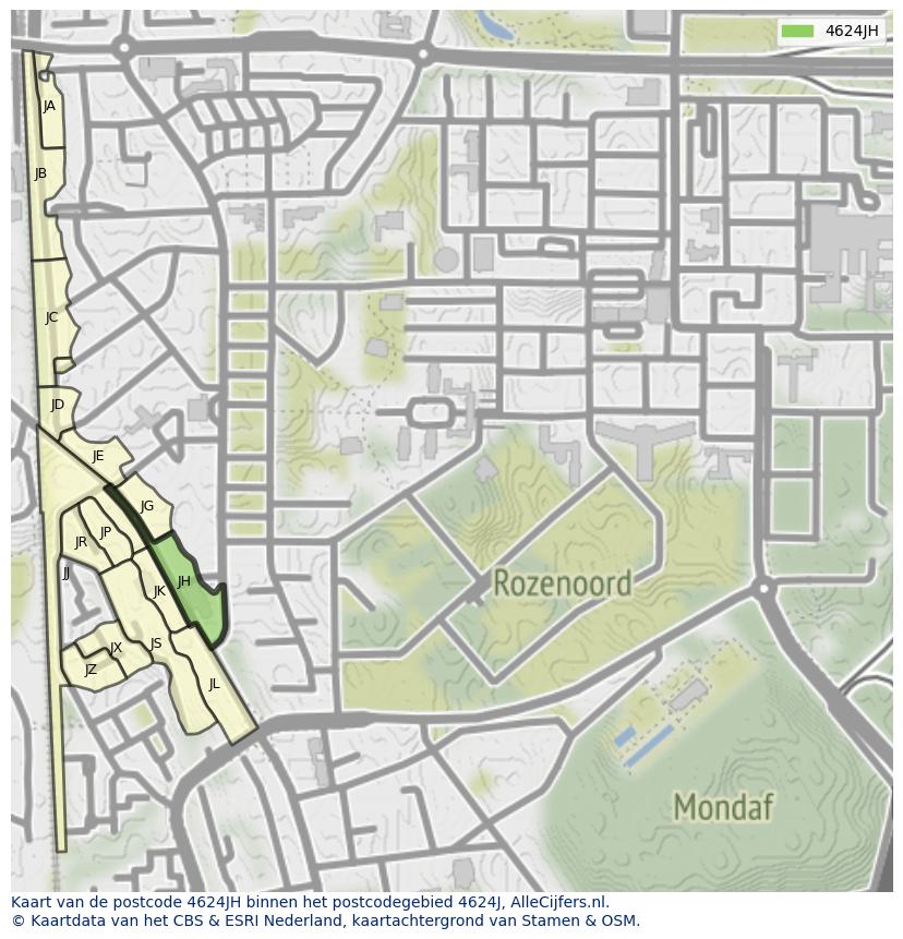 Afbeelding van het postcodegebied 4624 JH op de kaart.