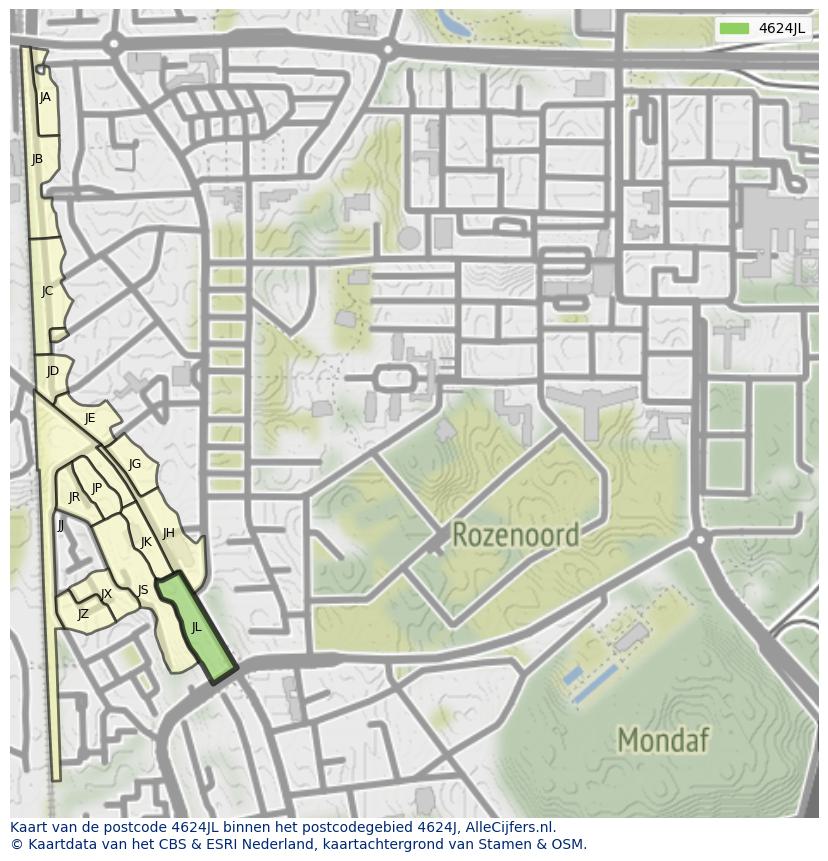 Afbeelding van het postcodegebied 4624 JL op de kaart.
