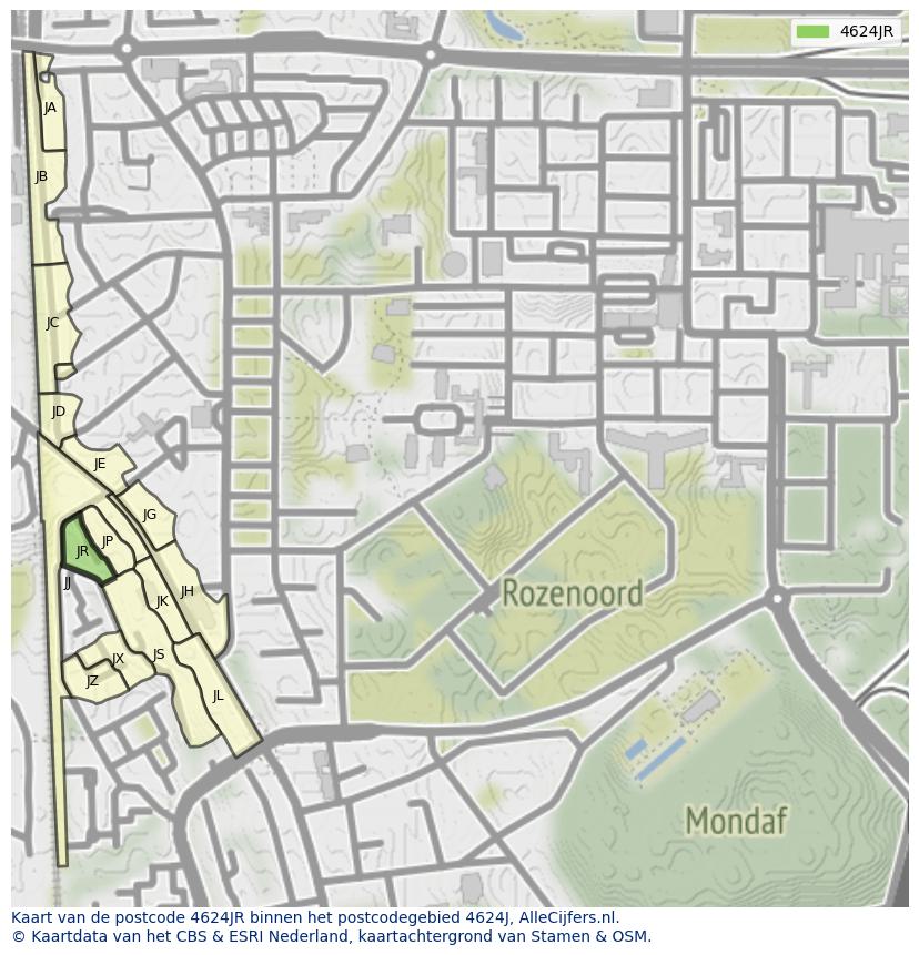 Afbeelding van het postcodegebied 4624 JR op de kaart.