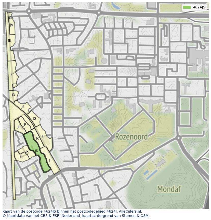 Afbeelding van het postcodegebied 4624 JS op de kaart.