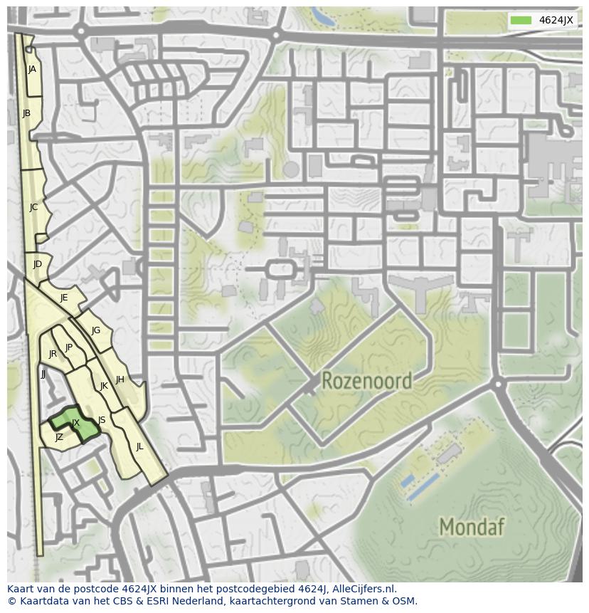 Afbeelding van het postcodegebied 4624 JX op de kaart.