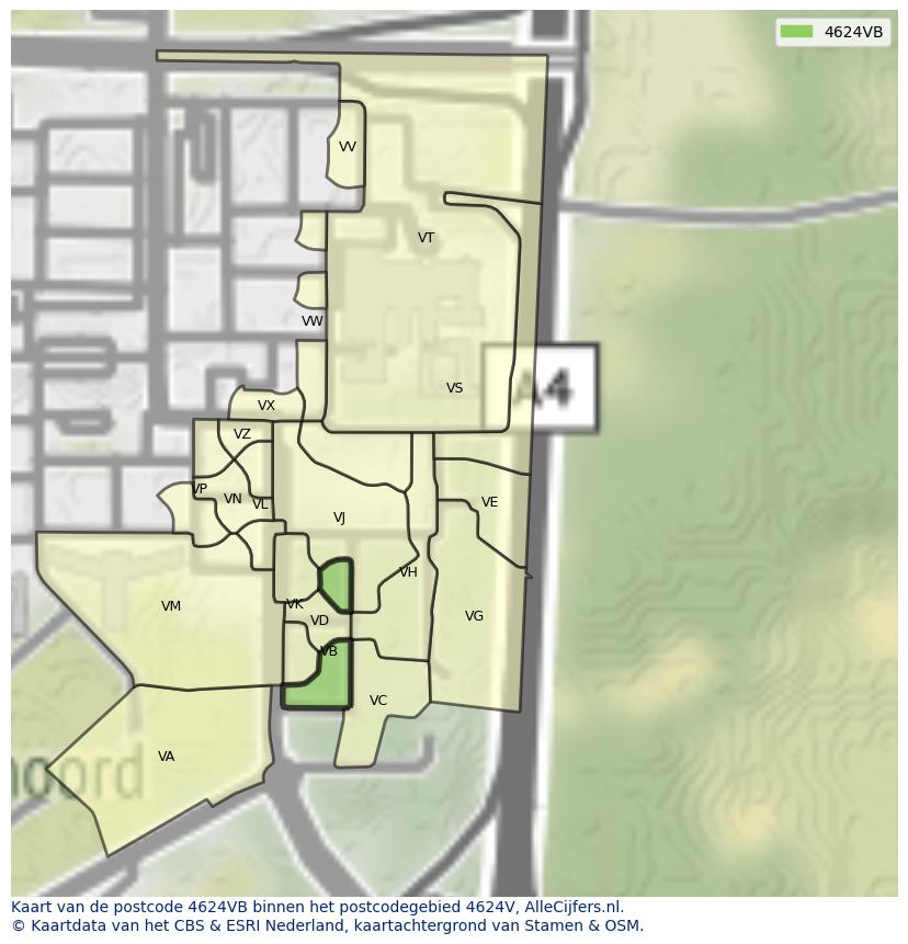 Afbeelding van het postcodegebied 4624 VB op de kaart.