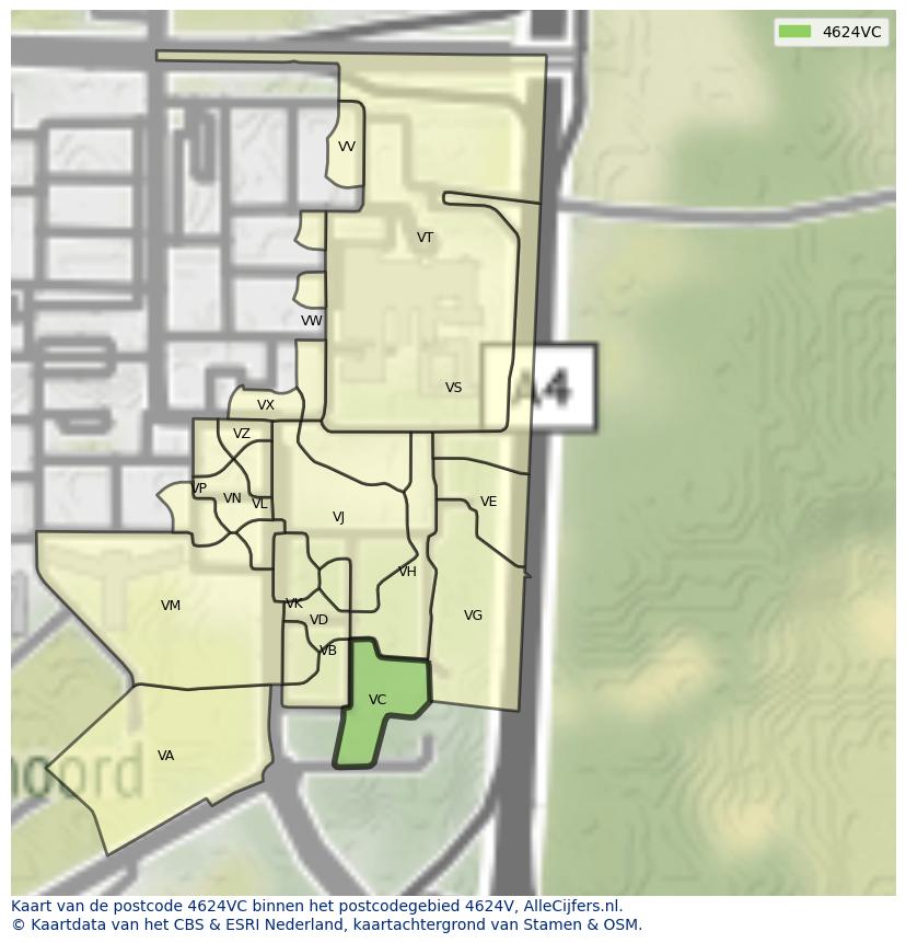 Afbeelding van het postcodegebied 4624 VC op de kaart.