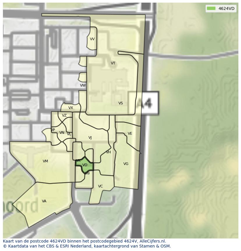 Afbeelding van het postcodegebied 4624 VD op de kaart.