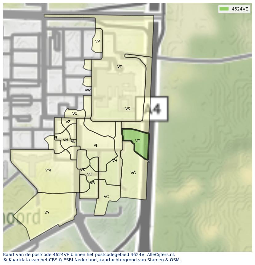 Afbeelding van het postcodegebied 4624 VE op de kaart.