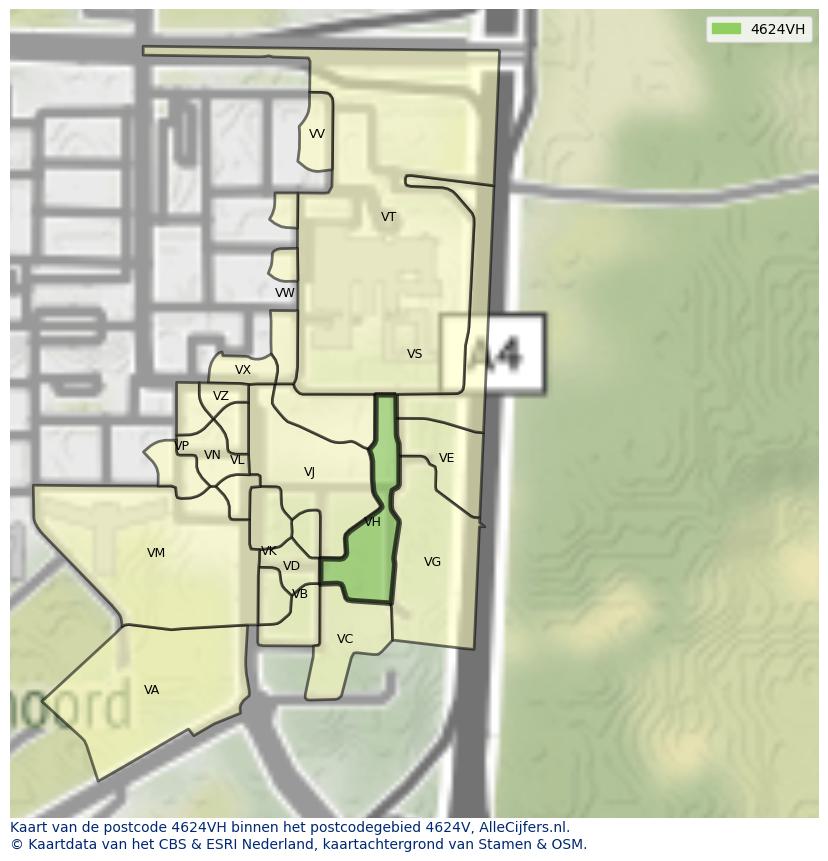 Afbeelding van het postcodegebied 4624 VH op de kaart.
