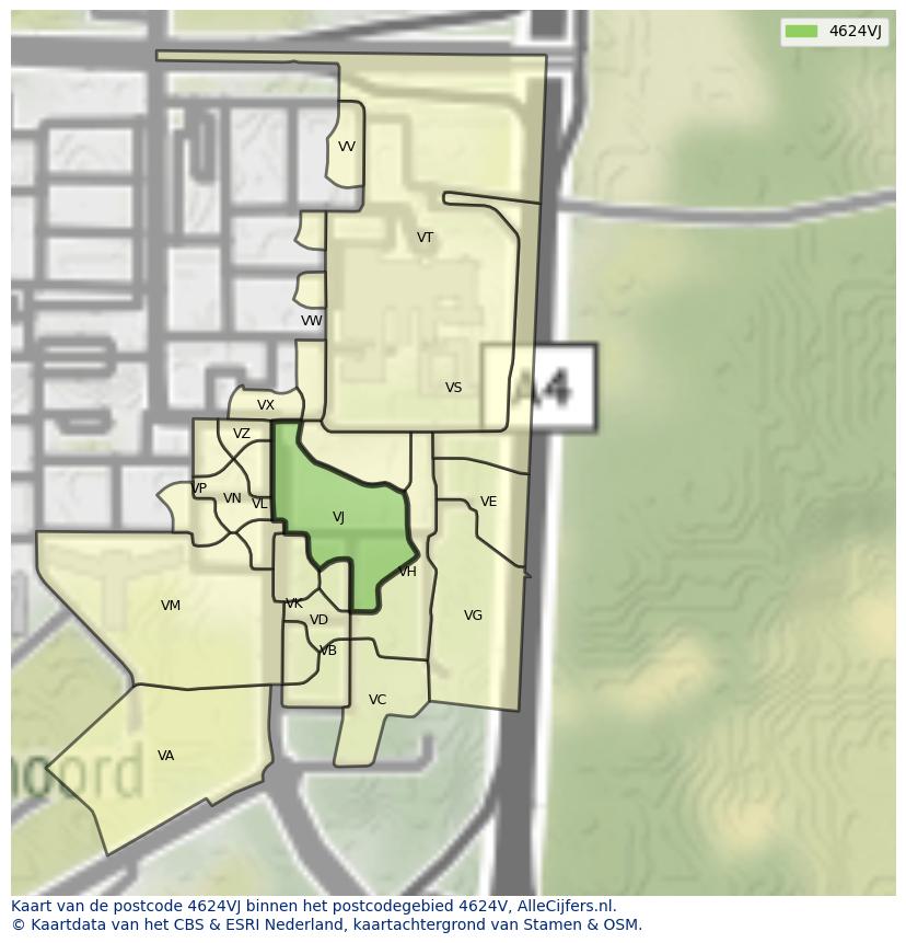 Afbeelding van het postcodegebied 4624 VJ op de kaart.