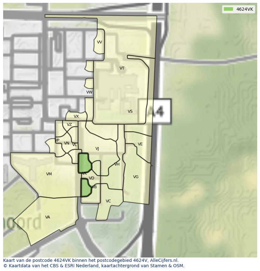 Afbeelding van het postcodegebied 4624 VK op de kaart.