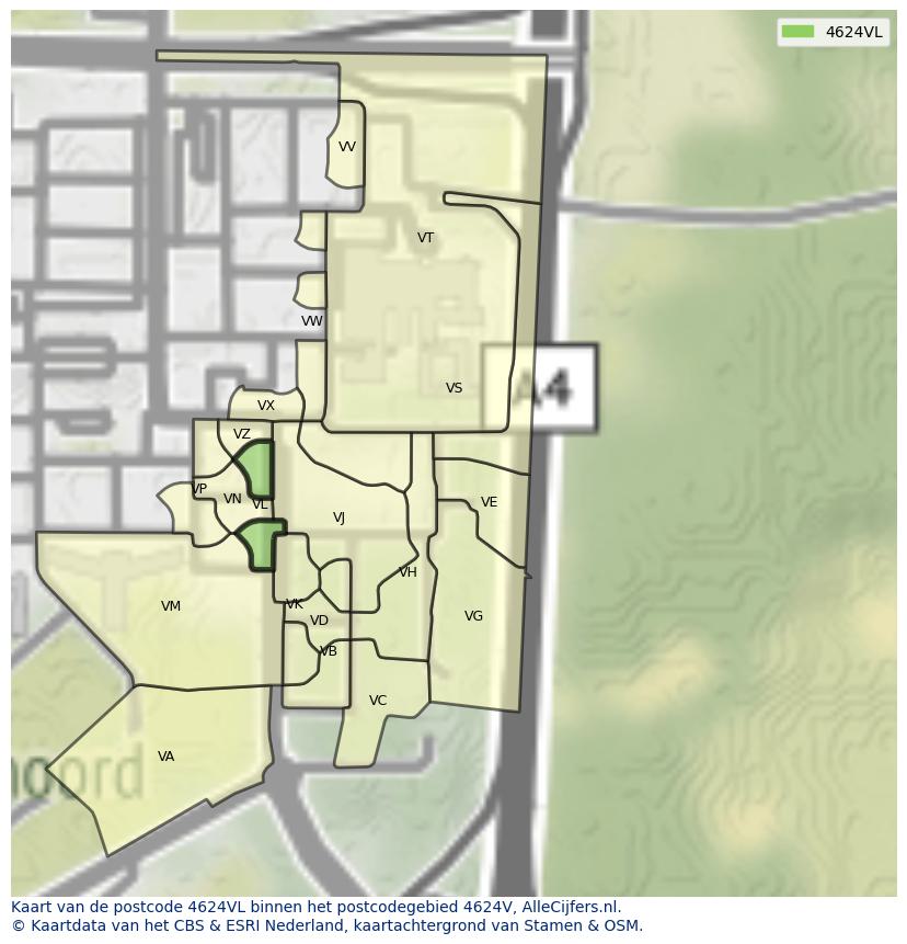 Afbeelding van het postcodegebied 4624 VL op de kaart.