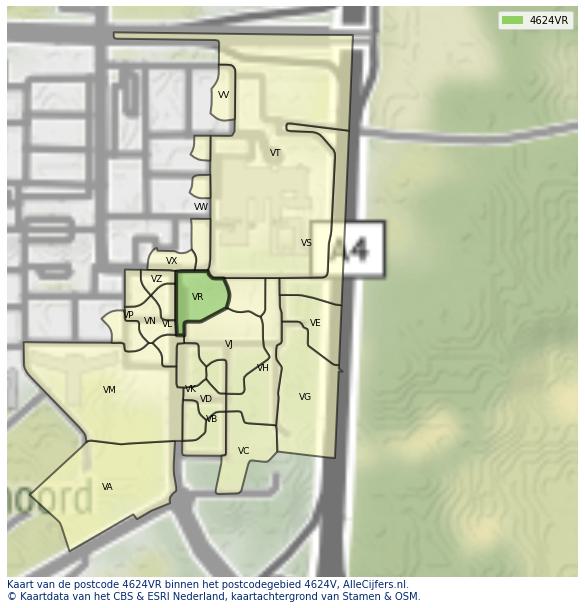 Afbeelding van het postcodegebied 4624 VR op de kaart.