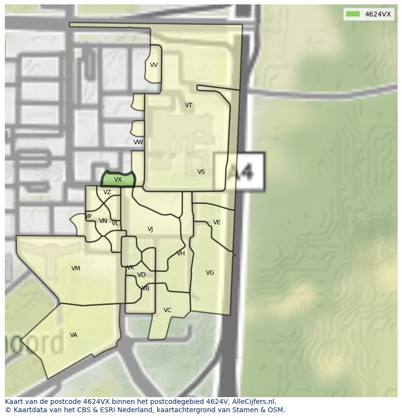 Afbeelding van het postcodegebied 4624 VX op de kaart.