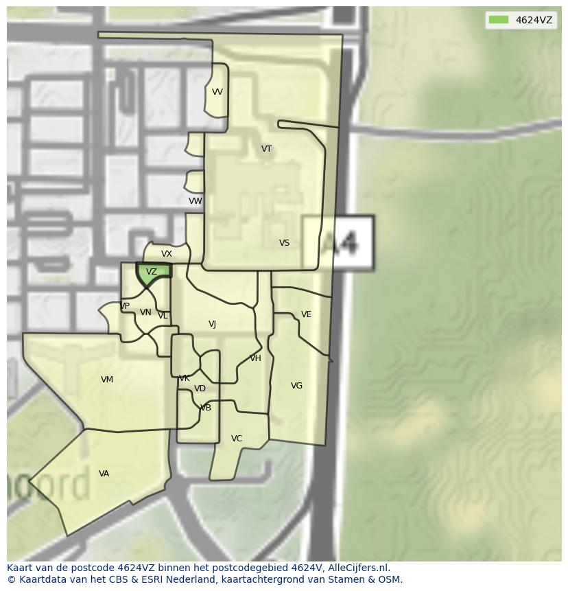 Afbeelding van het postcodegebied 4624 VZ op de kaart.