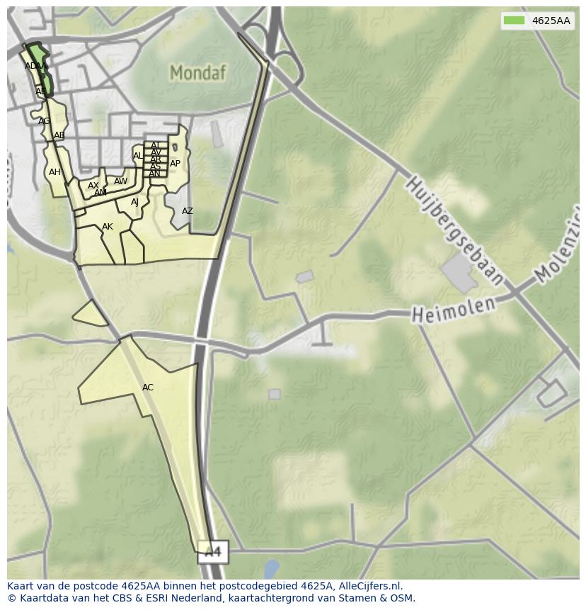 Afbeelding van het postcodegebied 4625 AA op de kaart.