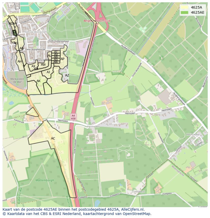Afbeelding van het postcodegebied 4625 AE op de kaart.