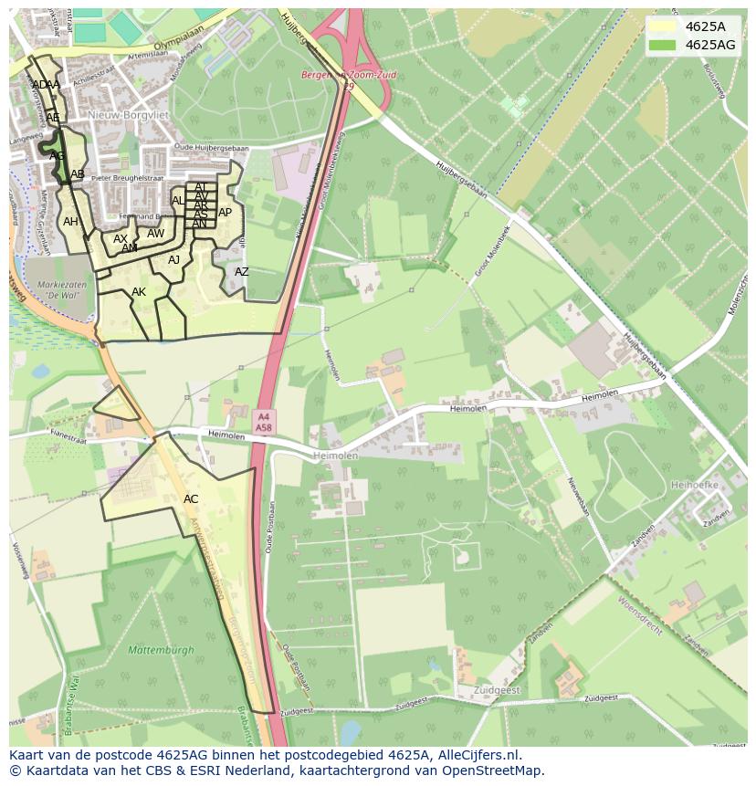 Afbeelding van het postcodegebied 4625 AG op de kaart.