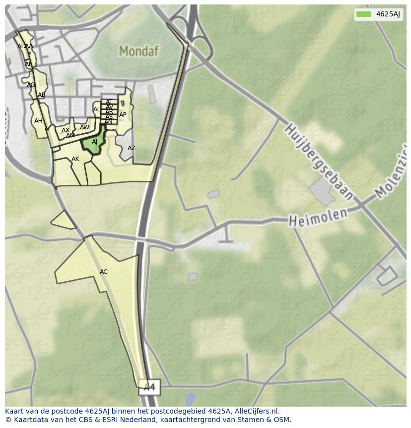 Afbeelding van het postcodegebied 4625 AJ op de kaart.