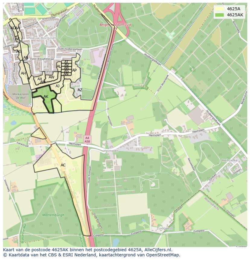 Afbeelding van het postcodegebied 4625 AK op de kaart.