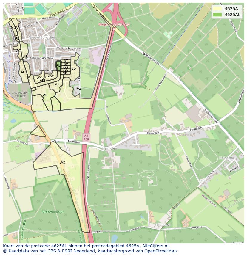 Afbeelding van het postcodegebied 4625 AL op de kaart.