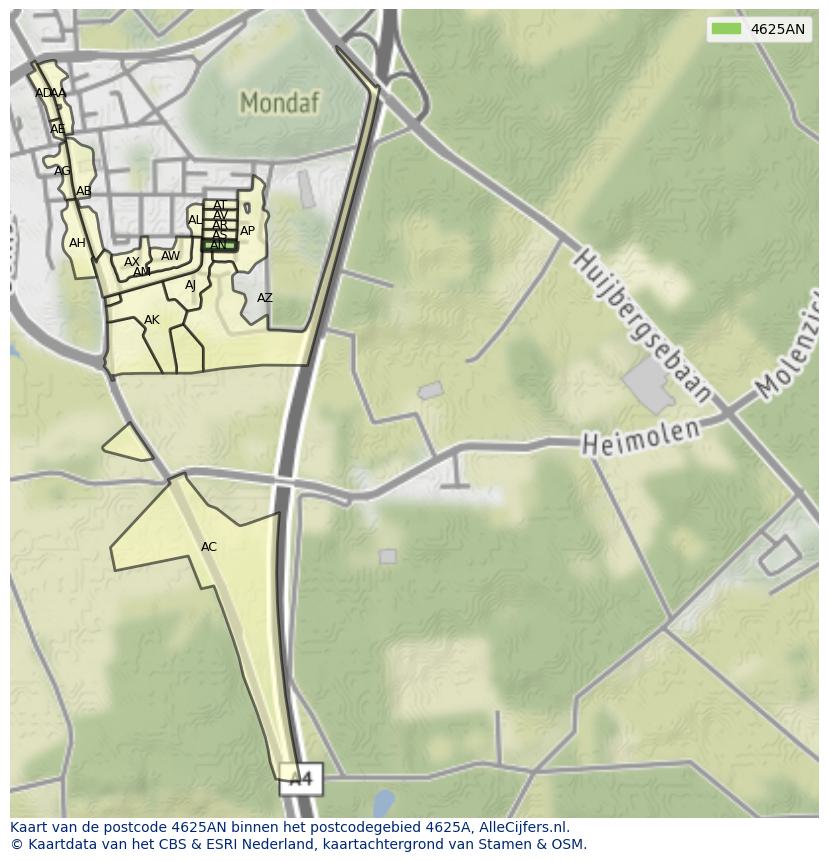 Afbeelding van het postcodegebied 4625 AN op de kaart.