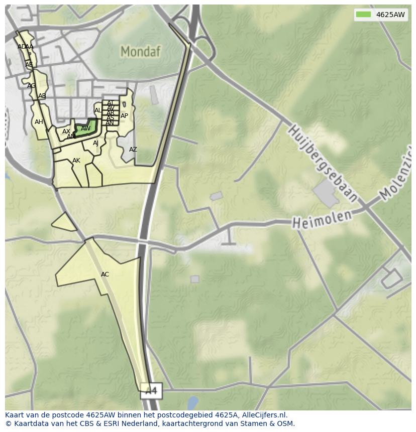 Afbeelding van het postcodegebied 4625 AW op de kaart.