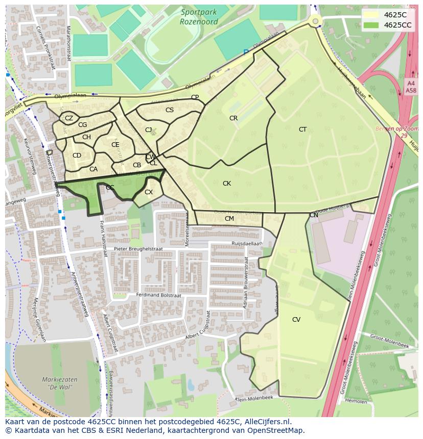 Afbeelding van het postcodegebied 4625 CC op de kaart.