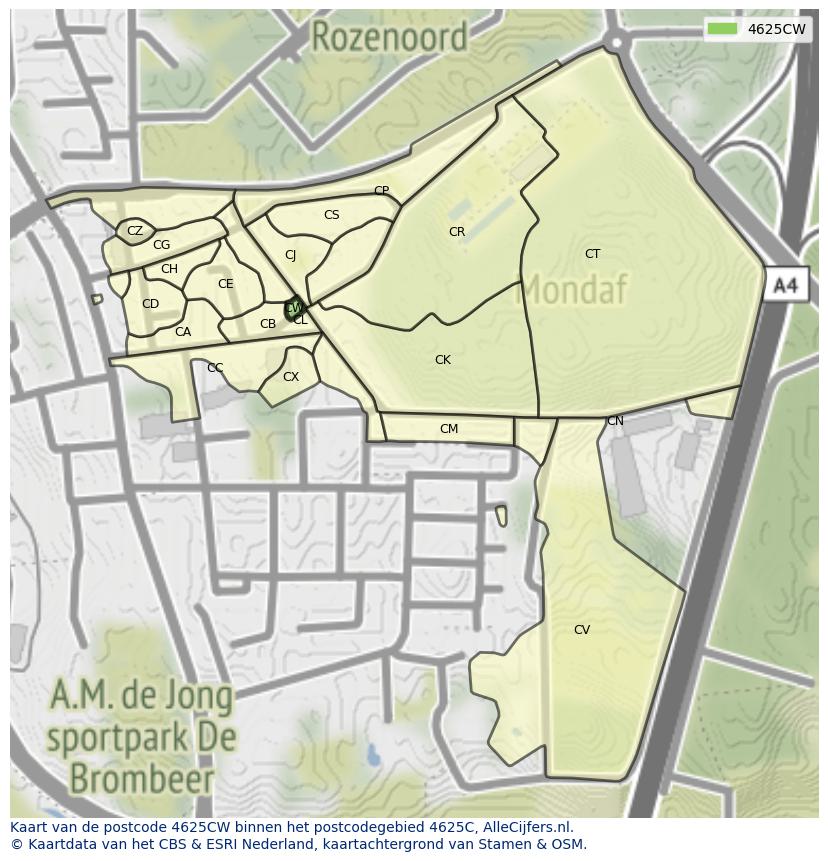 Afbeelding van het postcodegebied 4625 CW op de kaart.