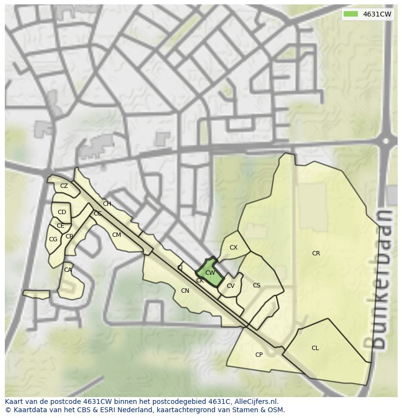 Afbeelding van het postcodegebied 4631 CW op de kaart.