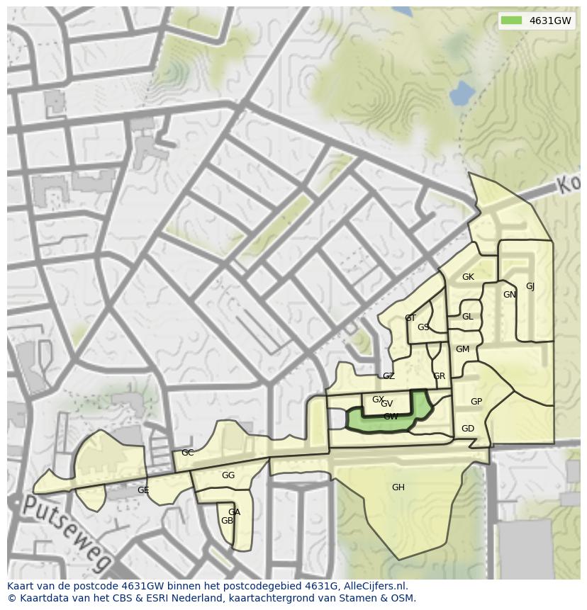 Afbeelding van het postcodegebied 4631 GW op de kaart.
