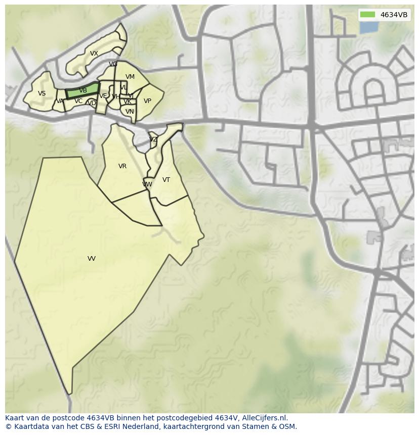 Afbeelding van het postcodegebied 4634 VB op de kaart.