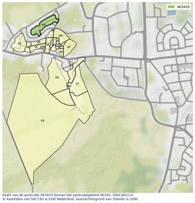 Afbeelding van het postcodegebied 4634 VX op de kaart.