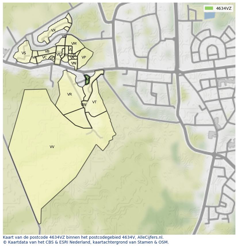 Afbeelding van het postcodegebied 4634 VZ op de kaart.