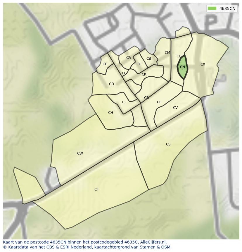 Afbeelding van het postcodegebied 4635 CN op de kaart.