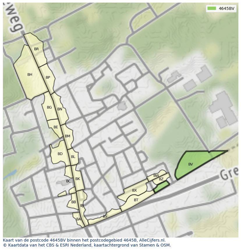 Afbeelding van het postcodegebied 4645 BV op de kaart.