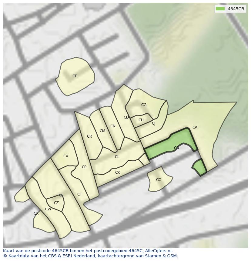 Afbeelding van het postcodegebied 4645 CB op de kaart.