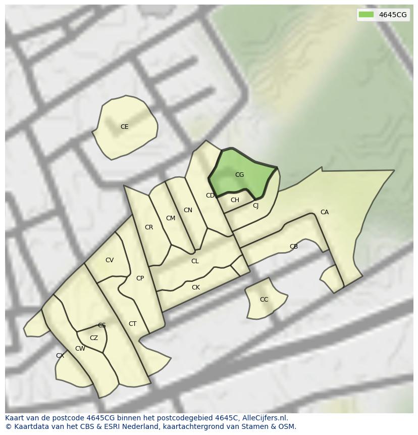 Afbeelding van het postcodegebied 4645 CG op de kaart.