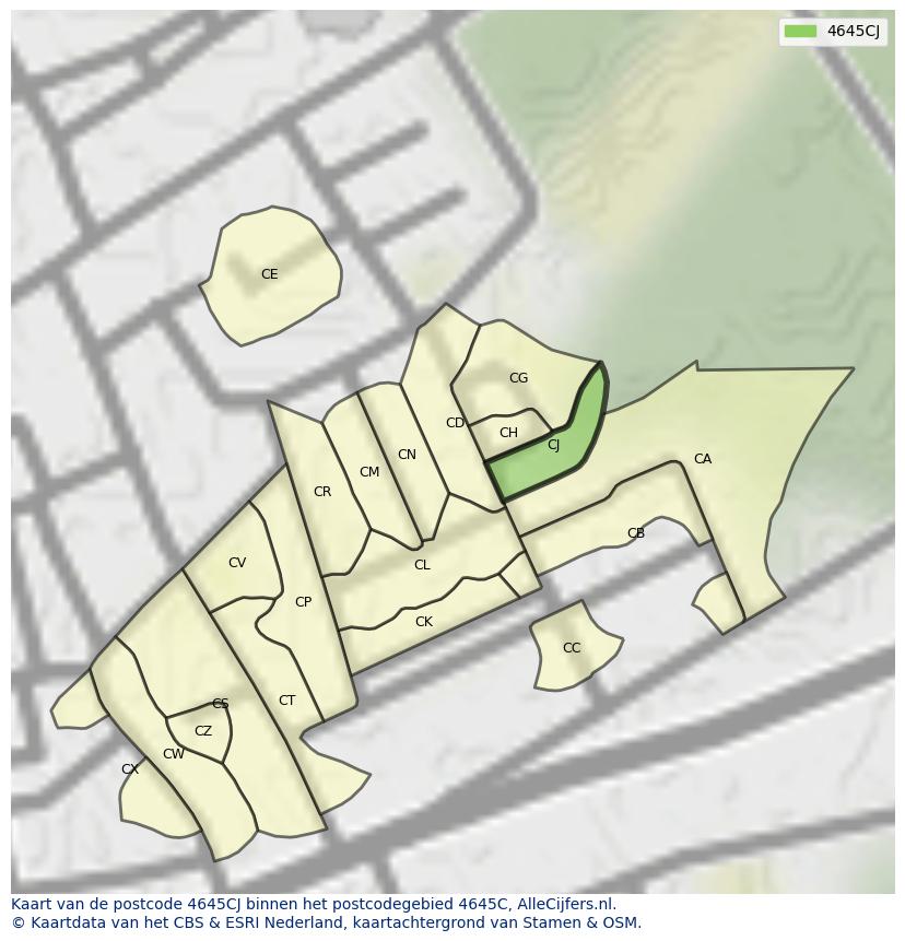 Afbeelding van het postcodegebied 4645 CJ op de kaart.