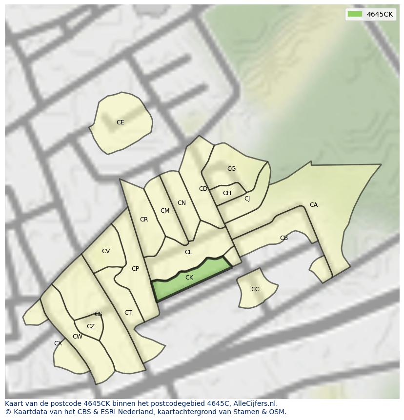 Afbeelding van het postcodegebied 4645 CK op de kaart.