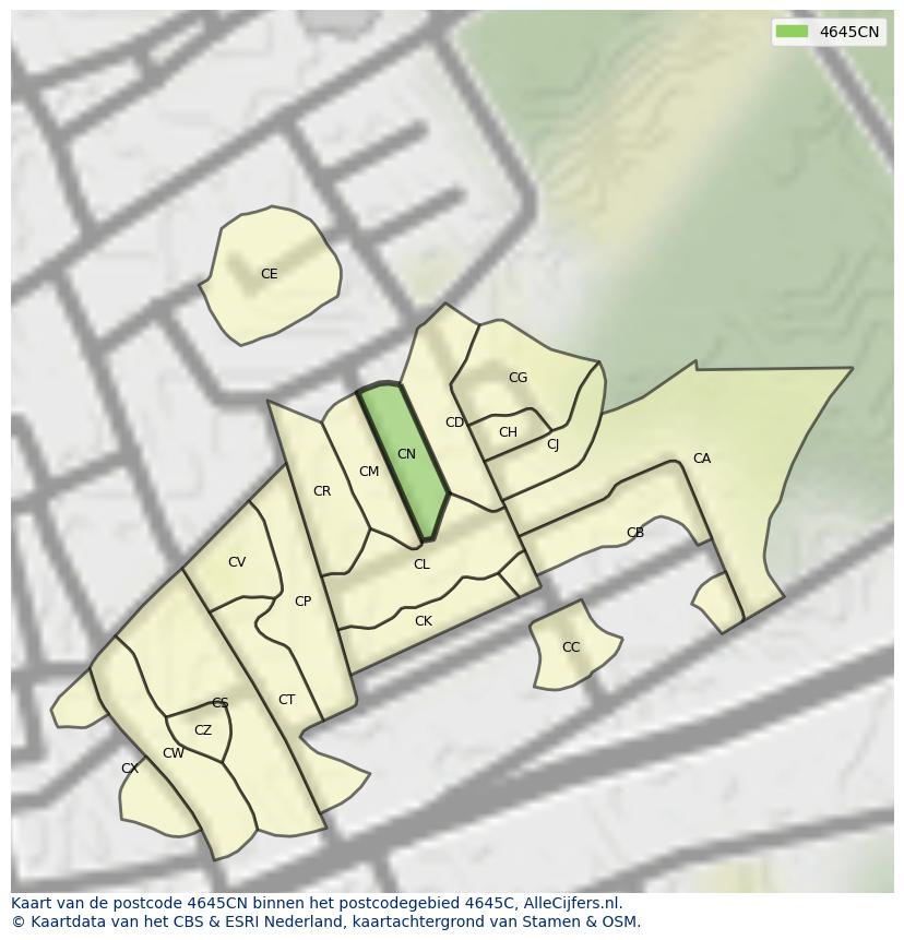 Afbeelding van het postcodegebied 4645 CN op de kaart.