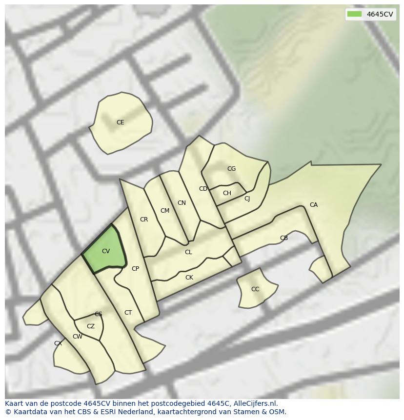 Afbeelding van het postcodegebied 4645 CV op de kaart.